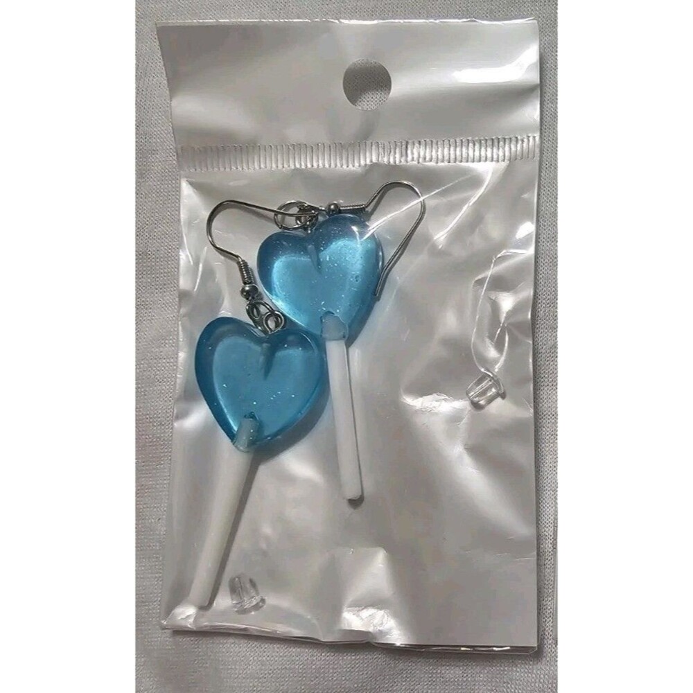 Heart Lollipop Dangle Pierced Earrings Resin Gold Hook Candy 2.5" Blue